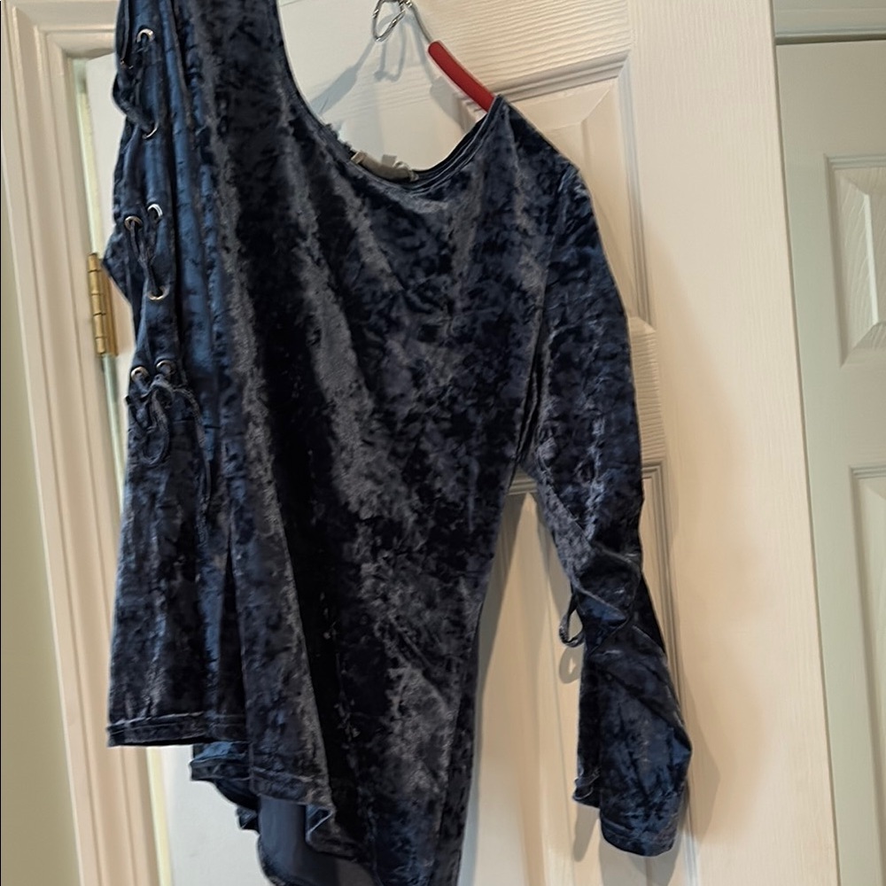 Velvet Lace-Up One-Shoulder Blouse - Navy